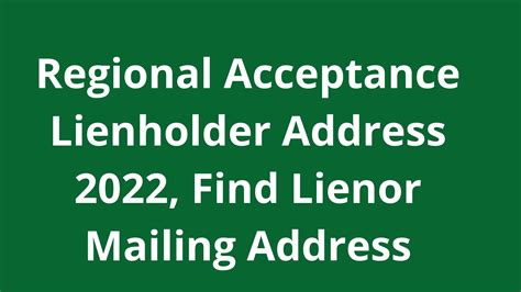 Regional acceptance lienholder address - We'd love to. hear from you. Be sure to check out our FAQs. Complete the Contact form and we will respond to you promptly. Stop by our local branch. Call (888) 636-3535 (US Only) Connects to a local branch. Customers: Online Account Management.